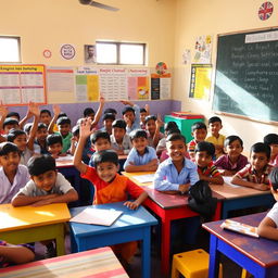 A vibrant classroom scene in Bangladesh filled with children actively participating in an English lesson