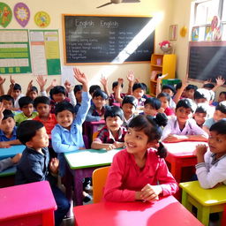 A vibrant classroom scene in Bangladesh filled with children actively participating in an English lesson
