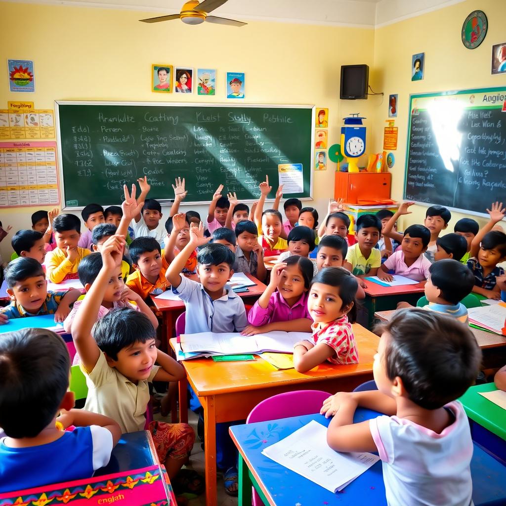 A vibrant classroom scene in Bangladesh filled with children actively participating in an English lesson