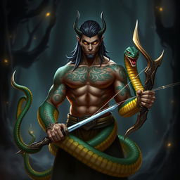 A striking character design featuring a human head and upper body, with both arms transformed into serpents