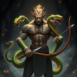 A striking character design featuring a human head and upper body, with both arms transformed into serpents