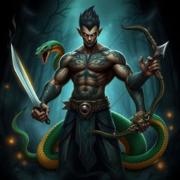 A striking character design featuring a human head and upper body, with both arms transformed into serpents