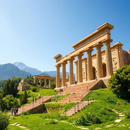 A breathtaking and historically accurate representation of Persepolis (Takhte Jamshid) in its ancient glory, showcasing grand stone columns and intricately carved reliefs depicting ancient Persian civilization