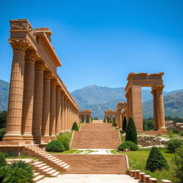 A breathtaking and historically accurate representation of Persepolis (Takhte Jamshid) in its ancient glory, showcasing grand stone columns and intricately carved reliefs depicting ancient Persian civilization