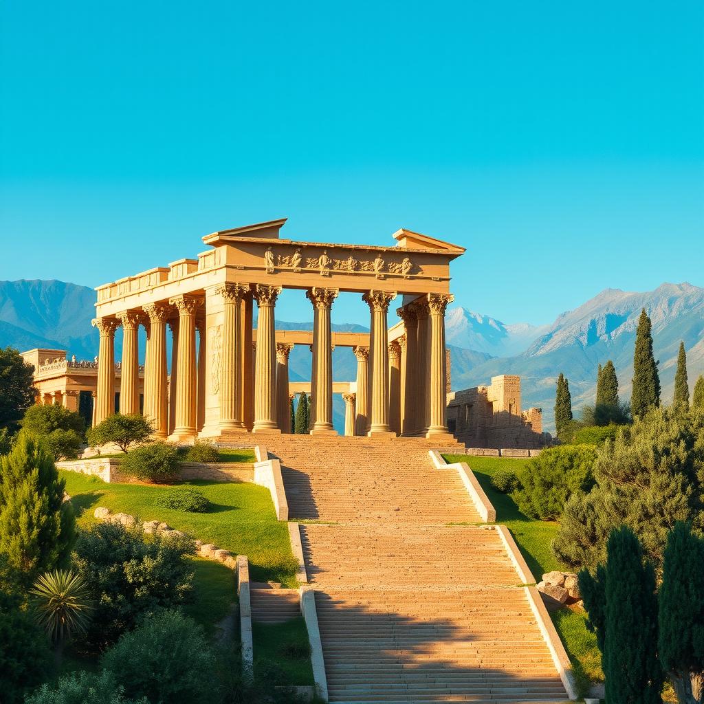 A breathtaking and historically accurate representation of Persepolis (Takhte Jamshid) in its ancient glory, showcasing grand stone columns and intricately carved reliefs depicting ancient Persian civilization