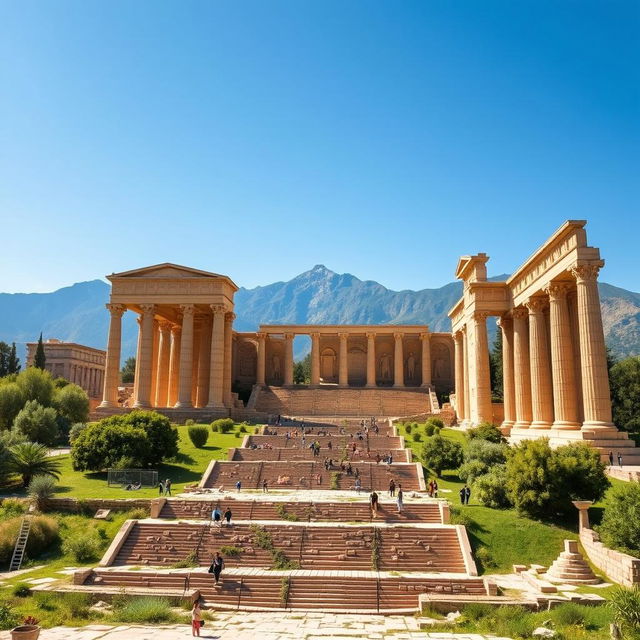 A breathtaking and historically accurate representation of Persepolis (Takhte Jamshid) in its ancient glory, showcasing grand stone columns and intricately carved reliefs depicting ancient Persian civilization