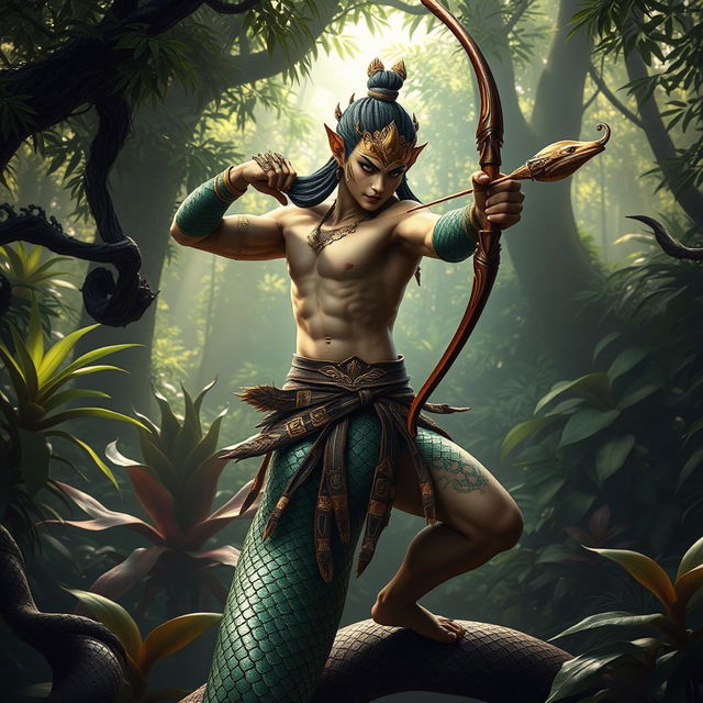 A captivating Yuan Ti character depicted as half human and half snake, striking a fierce pose