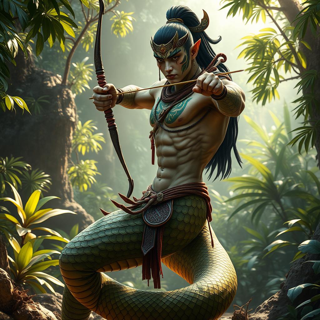 A captivating Yuan Ti character depicted as half human and half snake, striking a fierce pose