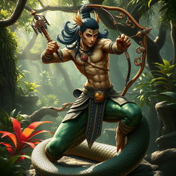 A captivating Yuan Ti character depicted as half human and half snake, striking a fierce pose