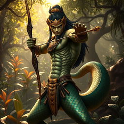 A captivating Yuan Ti character depicted as half human and half snake, striking a fierce pose
