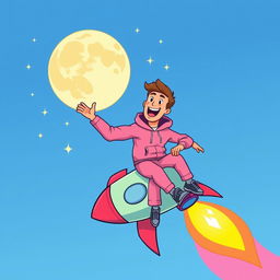 A vibrant vector illustration of a man wearing a pink hoodie and pink pants, joyfully riding a rocket that is soaring toward the moon