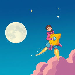 A vibrant vector illustration of a man wearing a pink hoodie and pink pants, joyfully riding a rocket that is soaring toward the moon