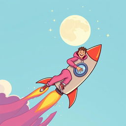 A vibrant vector illustration of a man wearing a pink hoodie and pink pants, joyfully riding a rocket that is soaring toward the moon