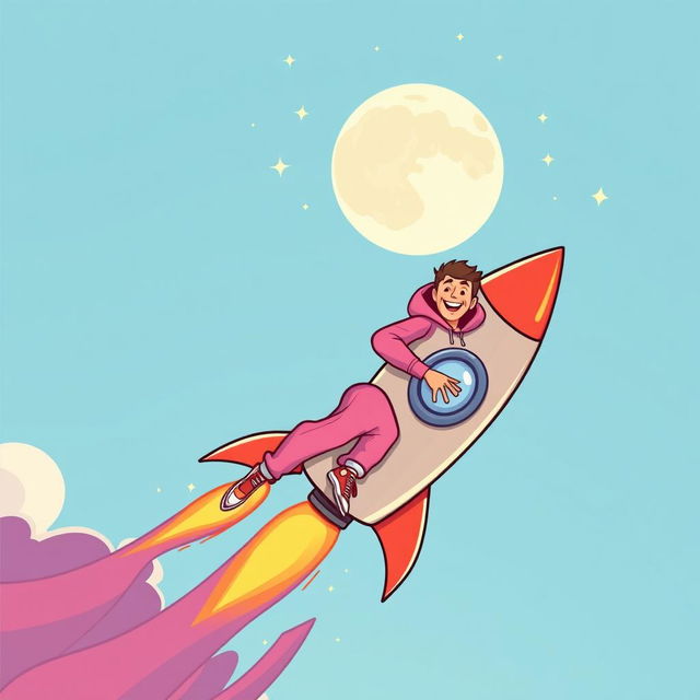 A vibrant vector illustration of a man wearing a pink hoodie and pink pants, joyfully riding a rocket that is soaring toward the moon