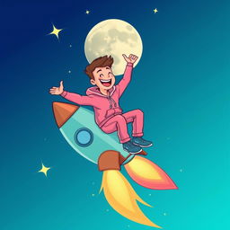 A vibrant vector illustration of a man wearing a pink hoodie and pink pants, joyfully riding a rocket that is soaring toward the moon