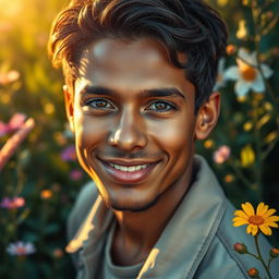 A detailed and vibrant portrait of a human being with striking features, expressive eyes, and a captivating smile