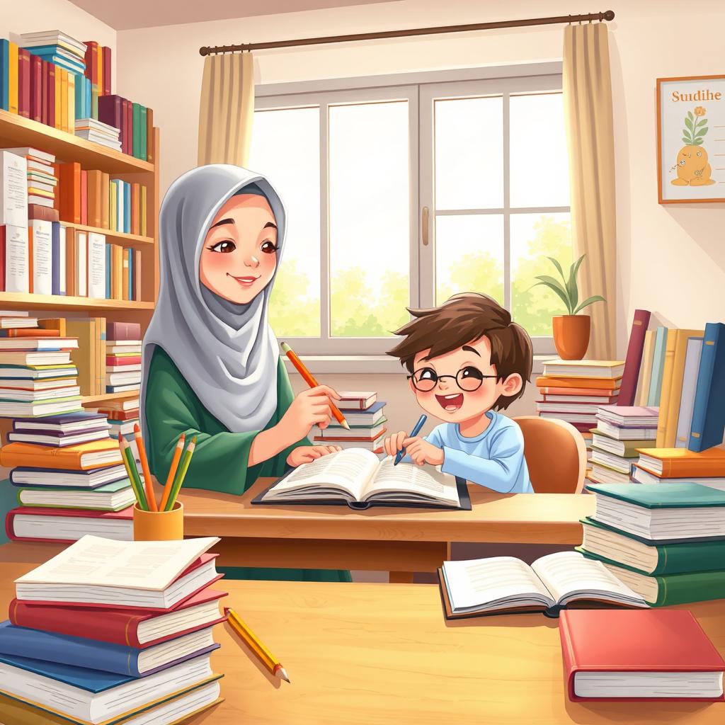 A tidy study room filled with a desk overflowing with books, colorful pencils, and an open notebook