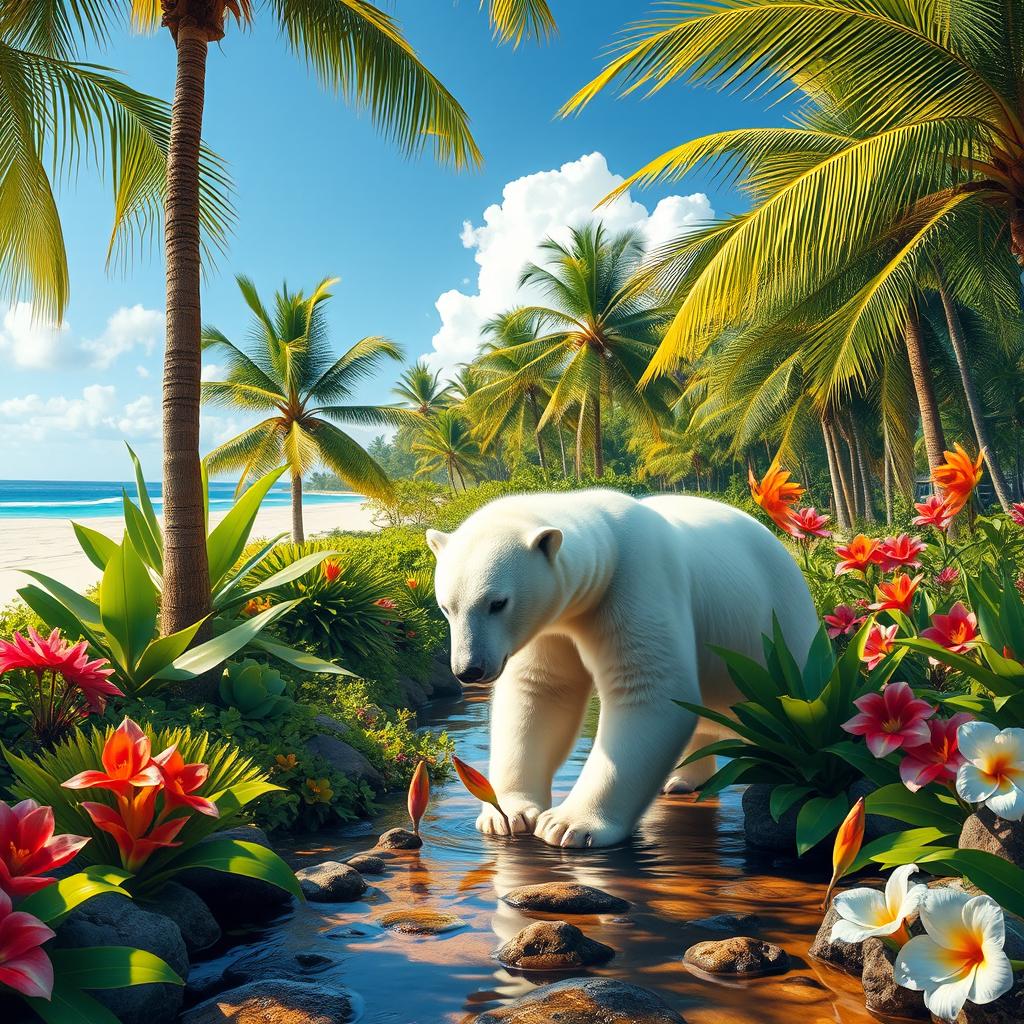 A polar bear in a lush, tropical southern landscape, surrounded by vibrant, colorful flora and fauna
