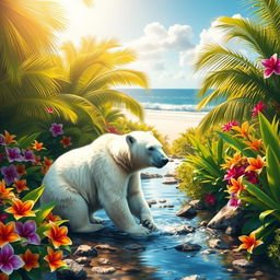 A polar bear in a lush, tropical southern landscape, surrounded by vibrant, colorful flora and fauna