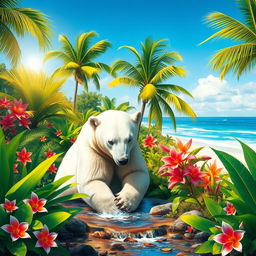 A polar bear in a lush, tropical southern landscape, surrounded by vibrant, colorful flora and fauna