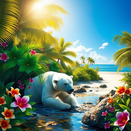 A polar bear in a lush, tropical southern landscape, surrounded by vibrant, colorful flora and fauna