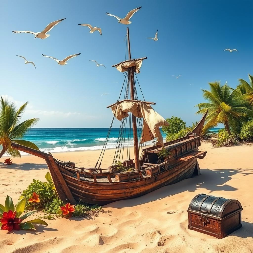 An abandoned pirate ship, weathered and worn, resting on a deserted tropical beach