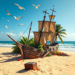 An abandoned pirate ship, weathered and worn, resting on a deserted tropical beach
