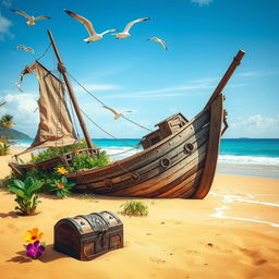An abandoned pirate ship, weathered and worn, resting on a deserted tropical beach