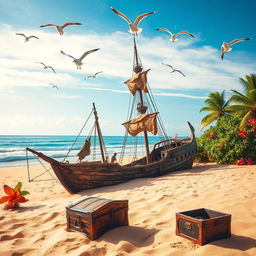 An abandoned pirate ship, weathered and worn, resting on a deserted tropical beach