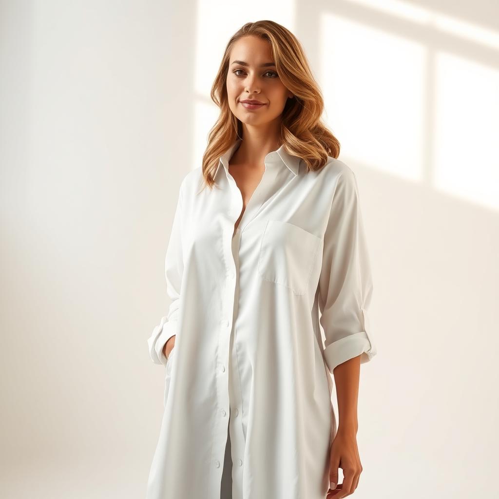 A woman in a studio setting wearing a long white shirt