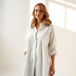 A woman in a studio setting wearing a long white shirt