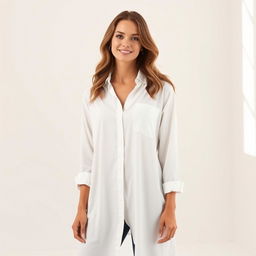 A woman in a studio setting wearing a long white shirt