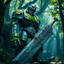 A majestic iron golem, its metallic body intricately detailed with green moss covering various parts, giving it a sense of age and wisdom