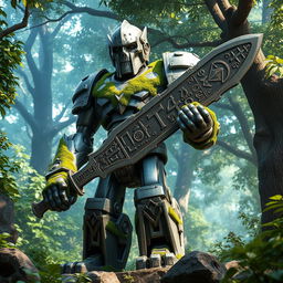 A majestic iron golem, its metallic body intricately detailed with green moss covering various parts, giving it a sense of age and wisdom