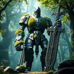 A majestic iron golem, its metallic body intricately detailed with green moss covering various parts, giving it a sense of age and wisdom