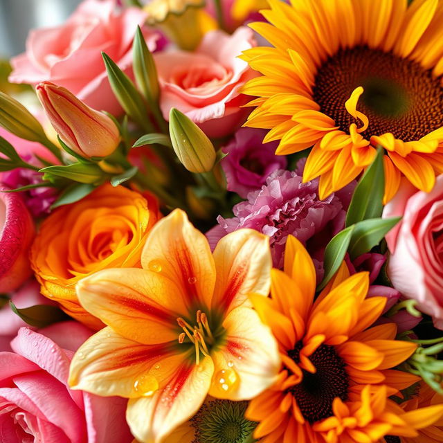 A close-up shot of a beautiful, vibrant floral arrangement, featuring an array of colorful flowers such as roses, lilies, and sunflowers