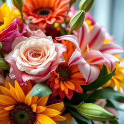 A close-up shot of a beautiful, vibrant floral arrangement, featuring an array of colorful flowers such as roses, lilies, and sunflowers