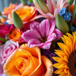 A close-up shot of a beautiful, vibrant floral arrangement, featuring an array of colorful flowers such as roses, lilies, and sunflowers