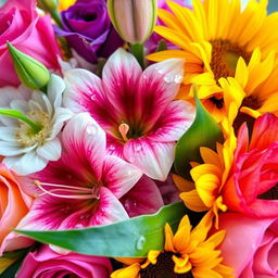 A close-up shot of a beautiful, vibrant floral arrangement, featuring an array of colorful flowers such as roses, lilies, and sunflowers