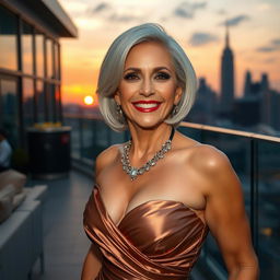 A glamorous older woman exuding confidence and elegance, with silver hair styled in a chic bob