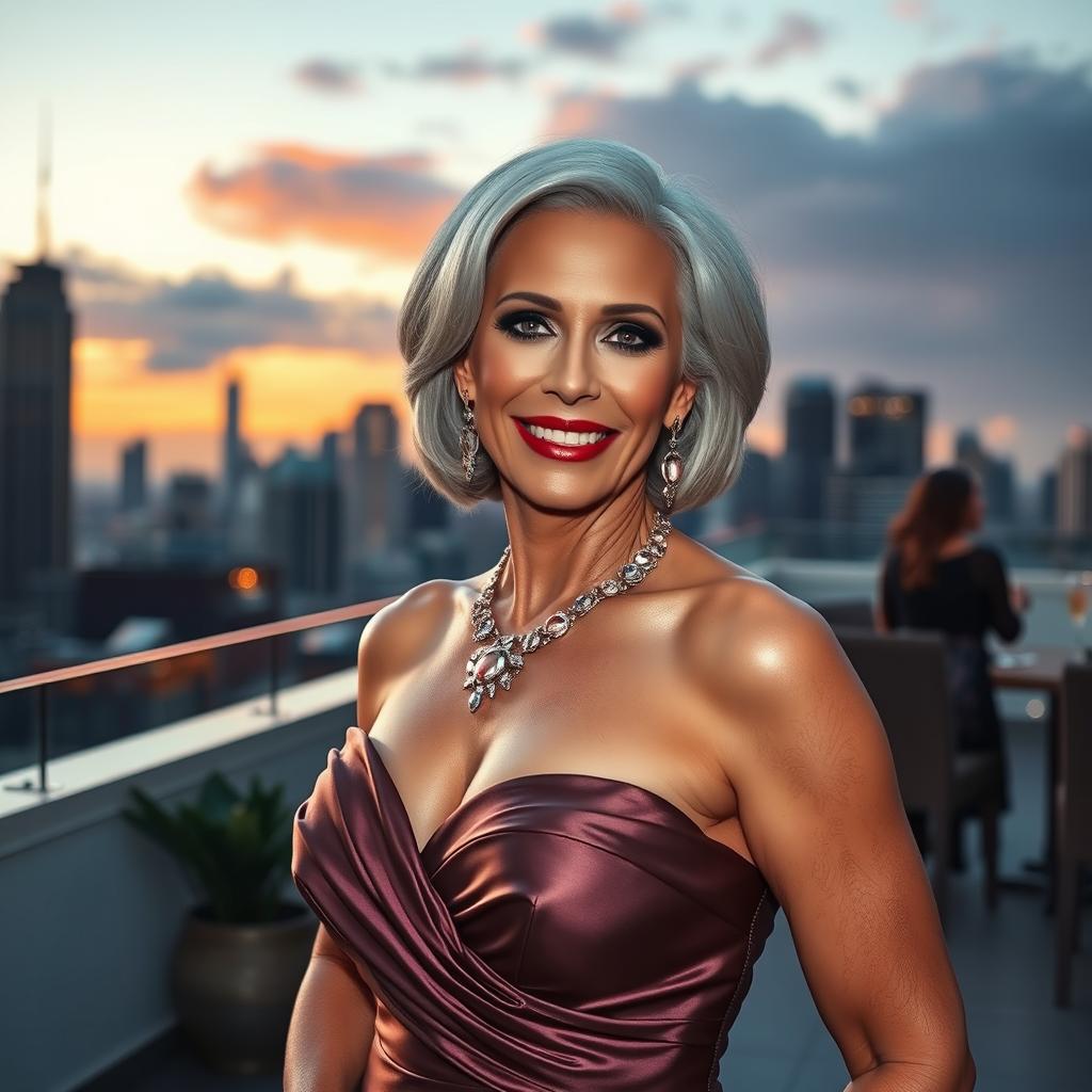 A glamorous older woman exuding confidence and elegance, with silver hair styled in a chic bob