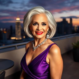 A glamorous older woman exuding confidence and elegance, with silver hair styled in a chic bob
