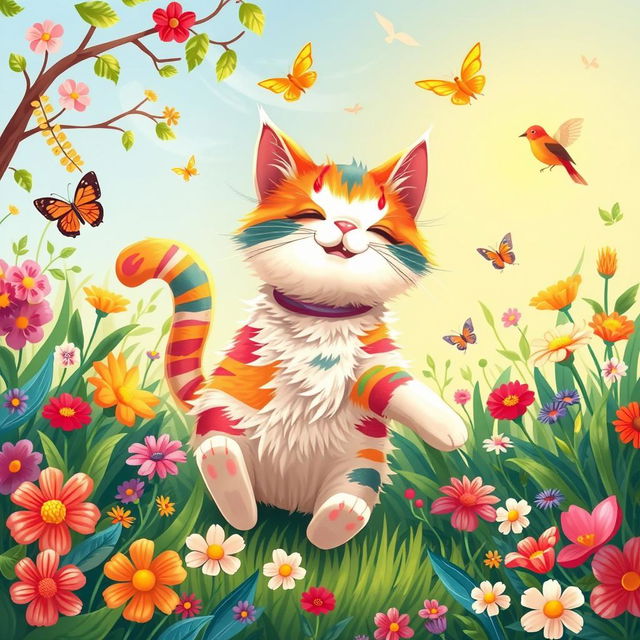 A colorful and vibrant illustration of a playful and whimsical cat in a lush garden