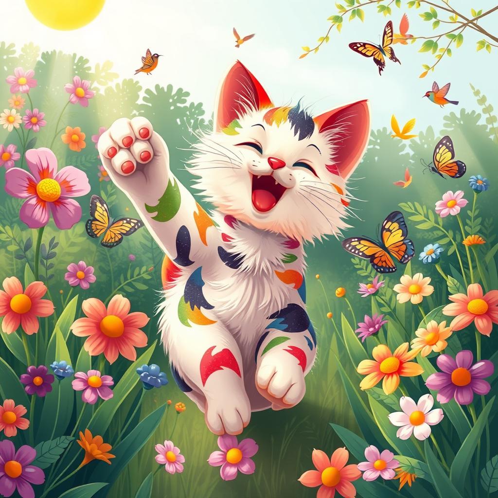 A colorful and vibrant illustration of a playful and whimsical cat in a lush garden