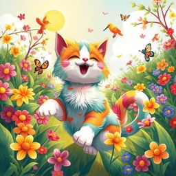 A colorful and vibrant illustration of a playful and whimsical cat in a lush garden