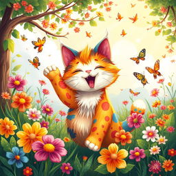A colorful and vibrant illustration of a playful and whimsical cat in a lush garden