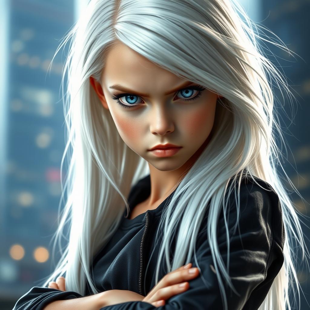 A girl with striking white hair cascading down her shoulders, intense blue eyes that convey power and determination, and a serious expression on her face