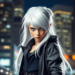 A girl with striking white hair cascading down her shoulders, intense blue eyes that convey power and determination, and a serious expression on her face