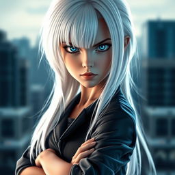 A girl with striking white hair cascading down her shoulders, intense blue eyes that convey power and determination, and a serious expression on her face