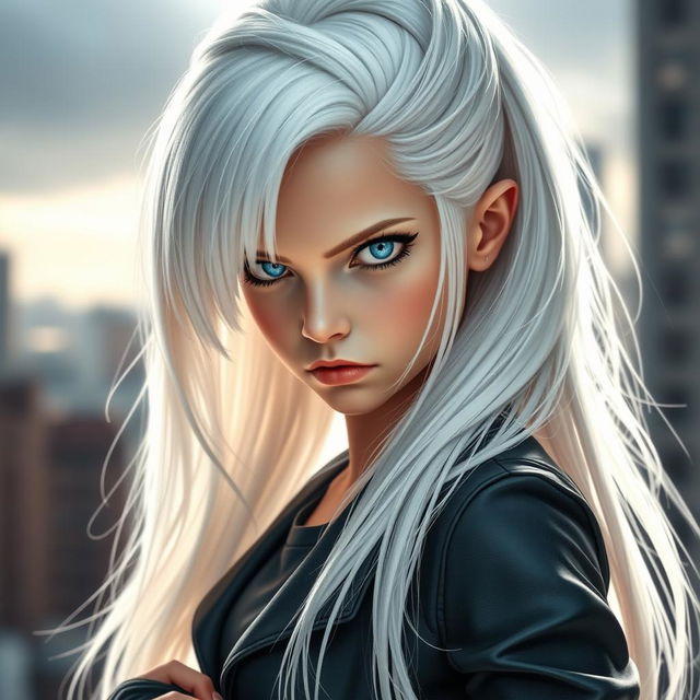 A girl with striking white hair cascading down her shoulders, intense blue eyes that convey power and determination, and a serious expression on her face